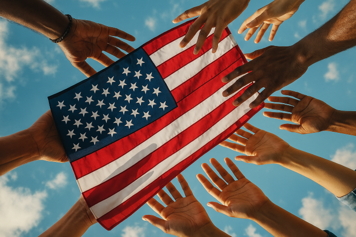 AI-generated hands reaching for an American flag